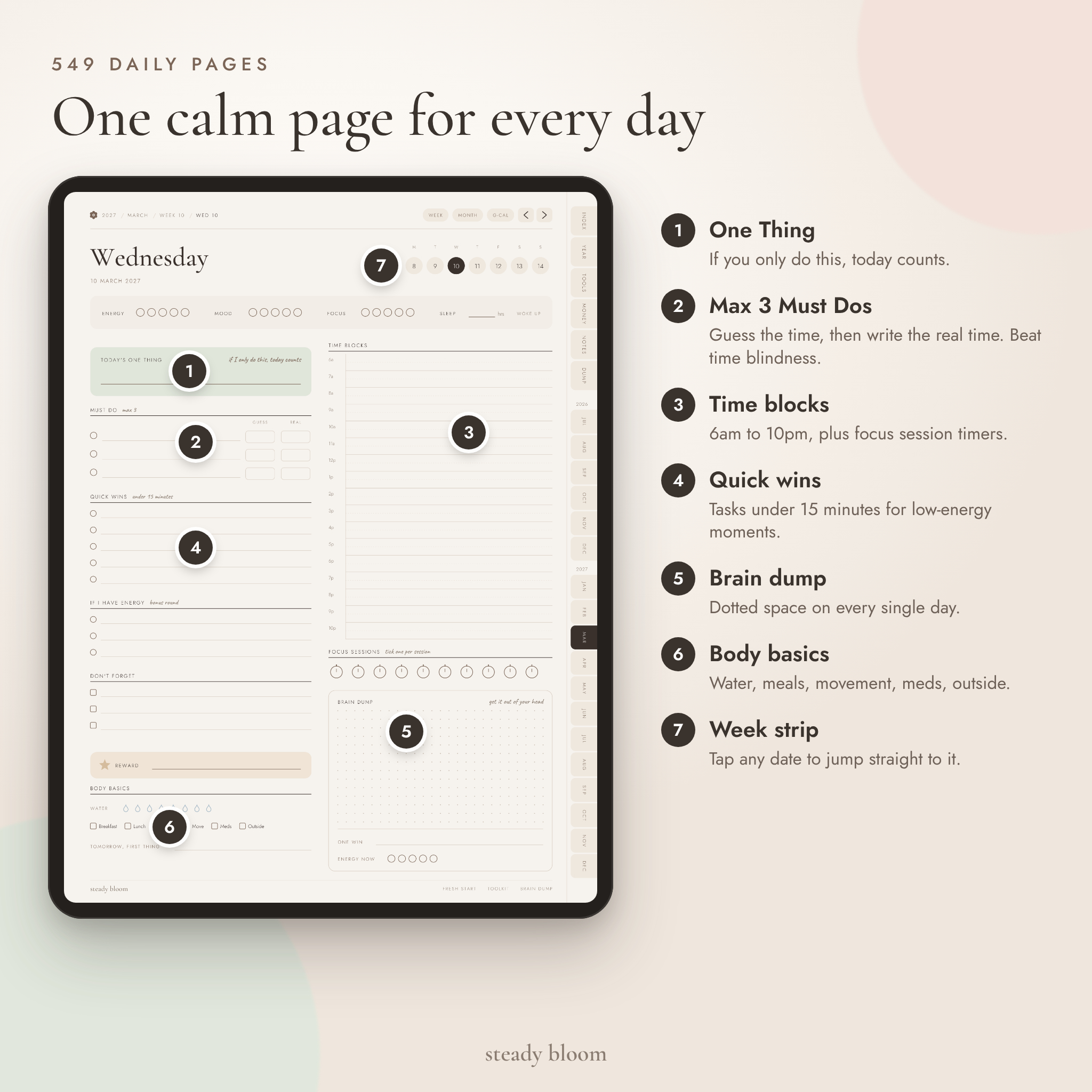 ADHD daily planner page with One Thing, Must Dos and time blocks