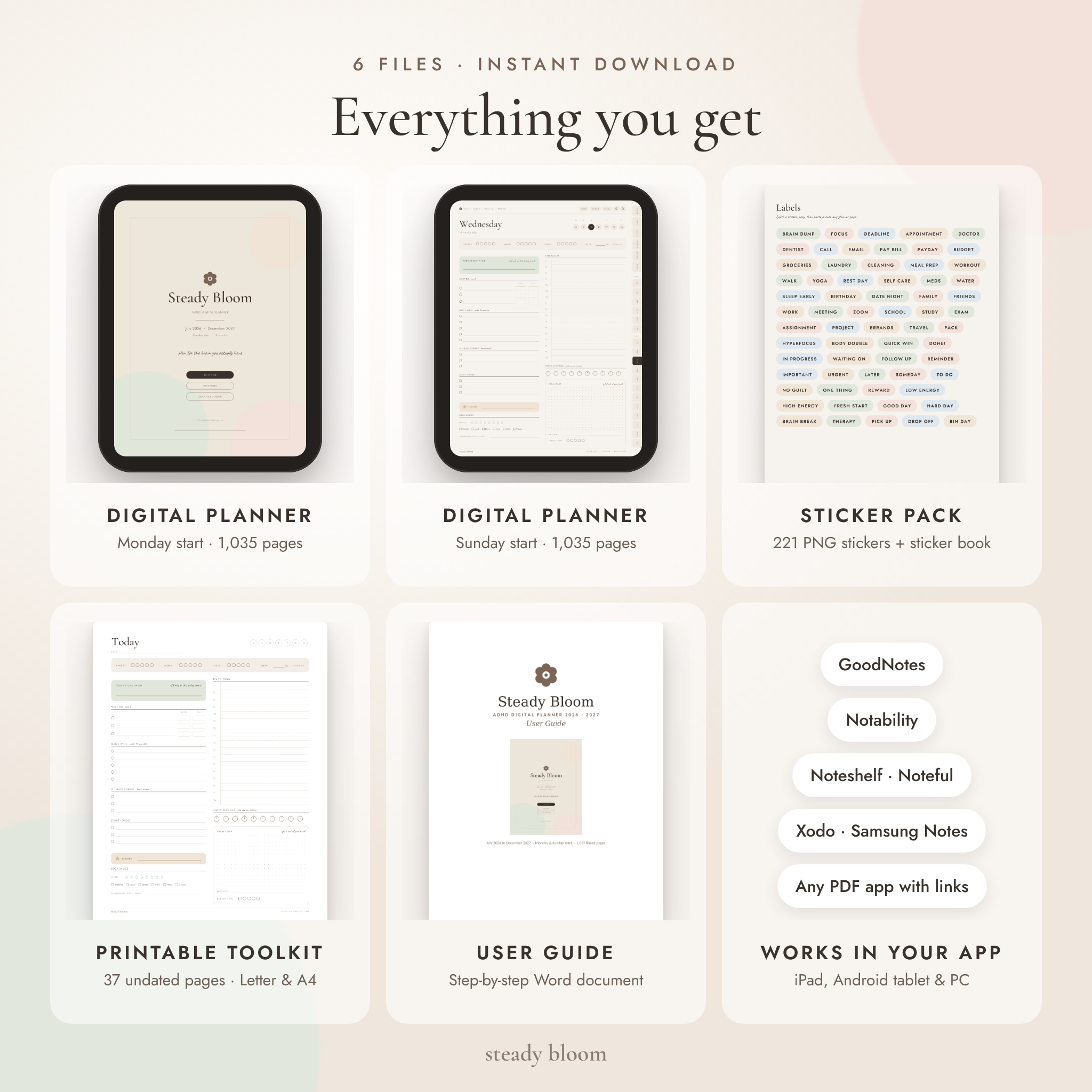 What is included in the Steady Bloom ADHD planner download