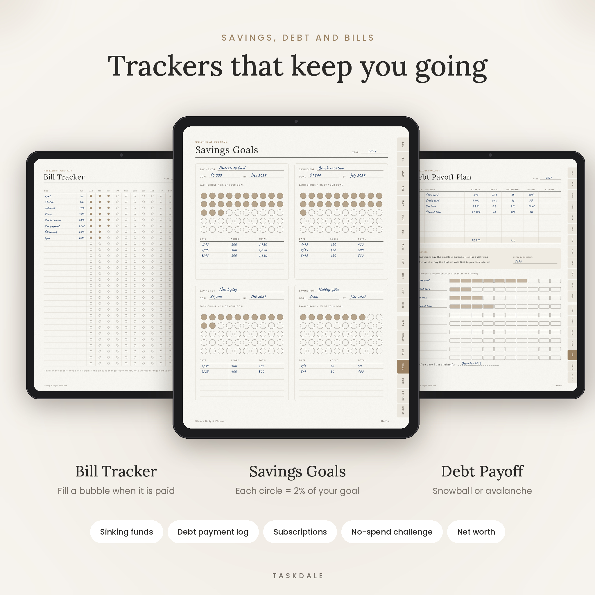 Bill tracker, savings goals and debt payoff tracker pages