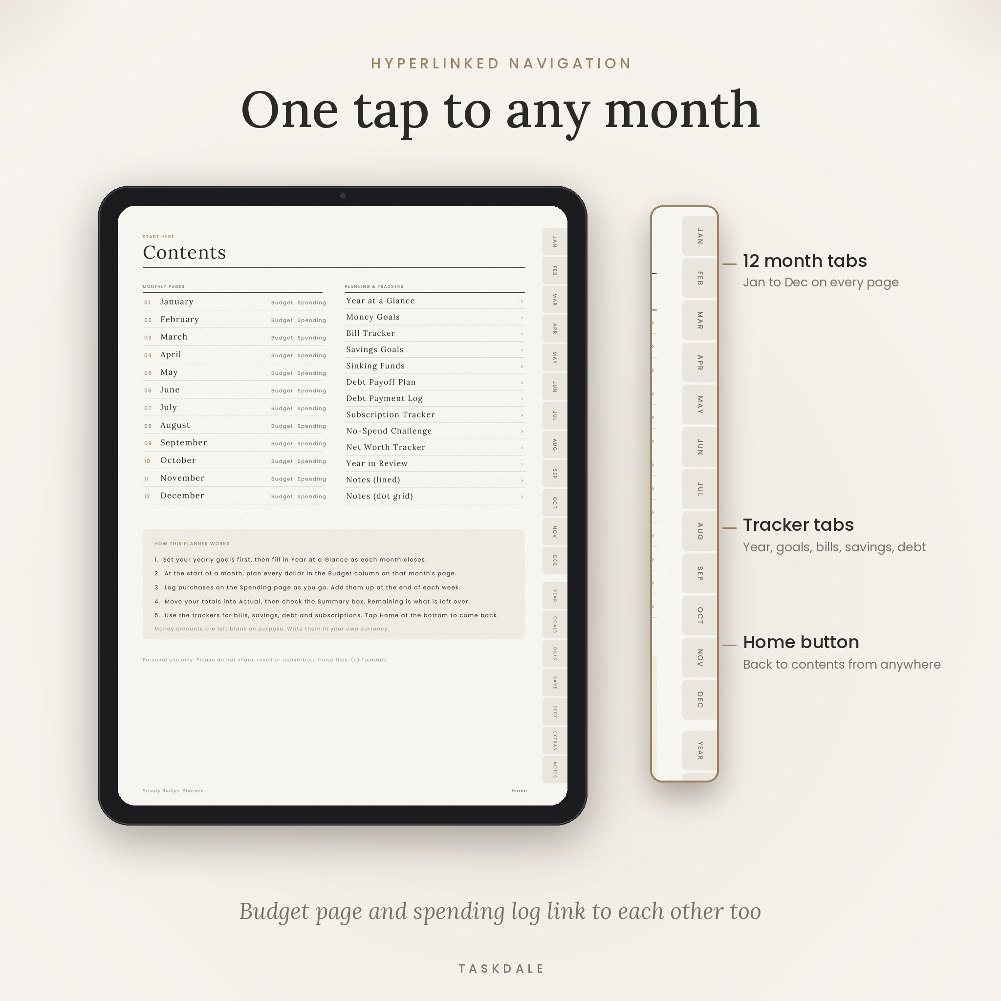 Hyperlinked tabs for every month in the digital budget planner