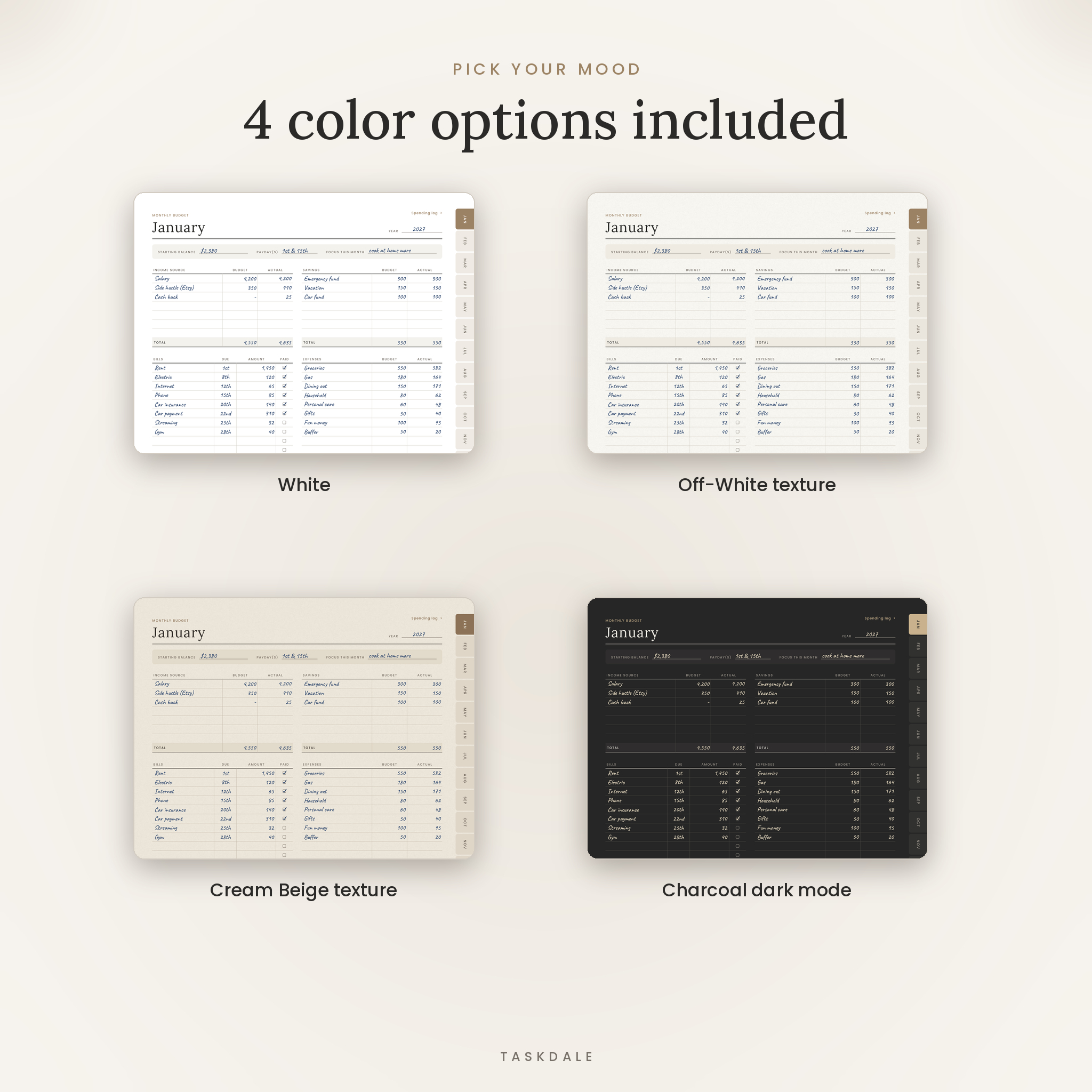 Budget planner in 4 colors: white, off-white, cream beige and charcoal