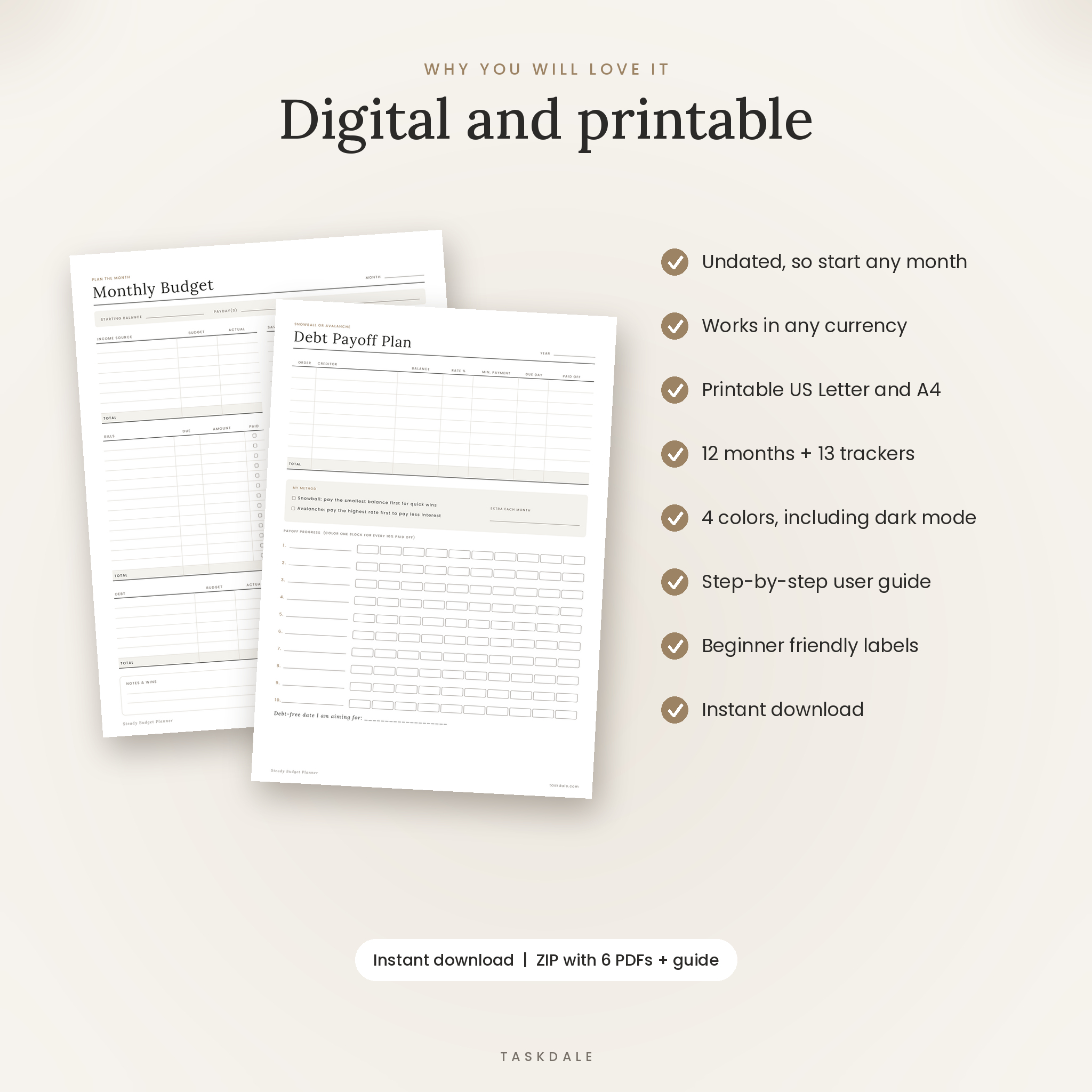 Printable budget planner in US Letter and A4