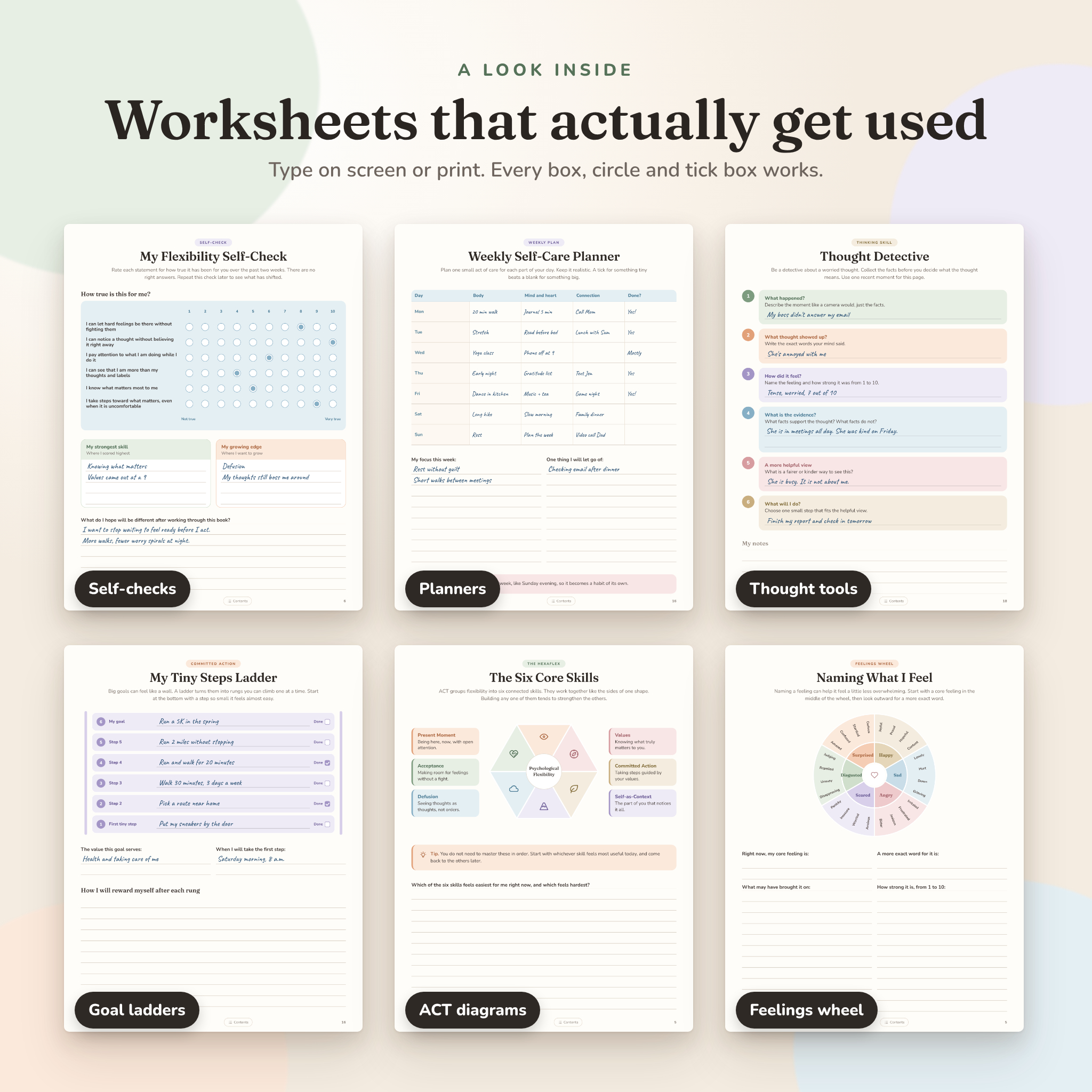 Inside pages of the ACT worksheets filled in with sample answers
