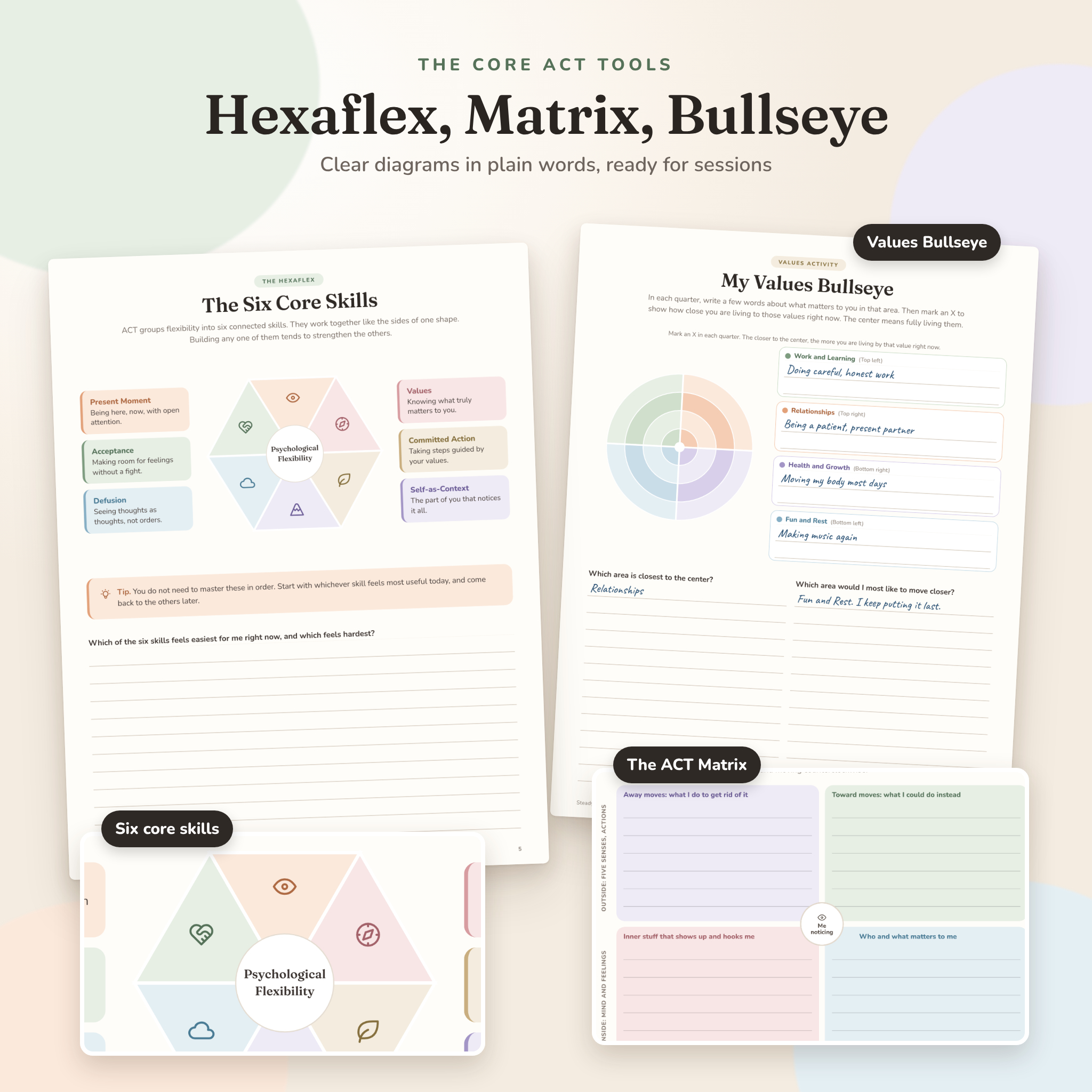 ACT hexaflex, ACT Matrix and values bullseye worksheets