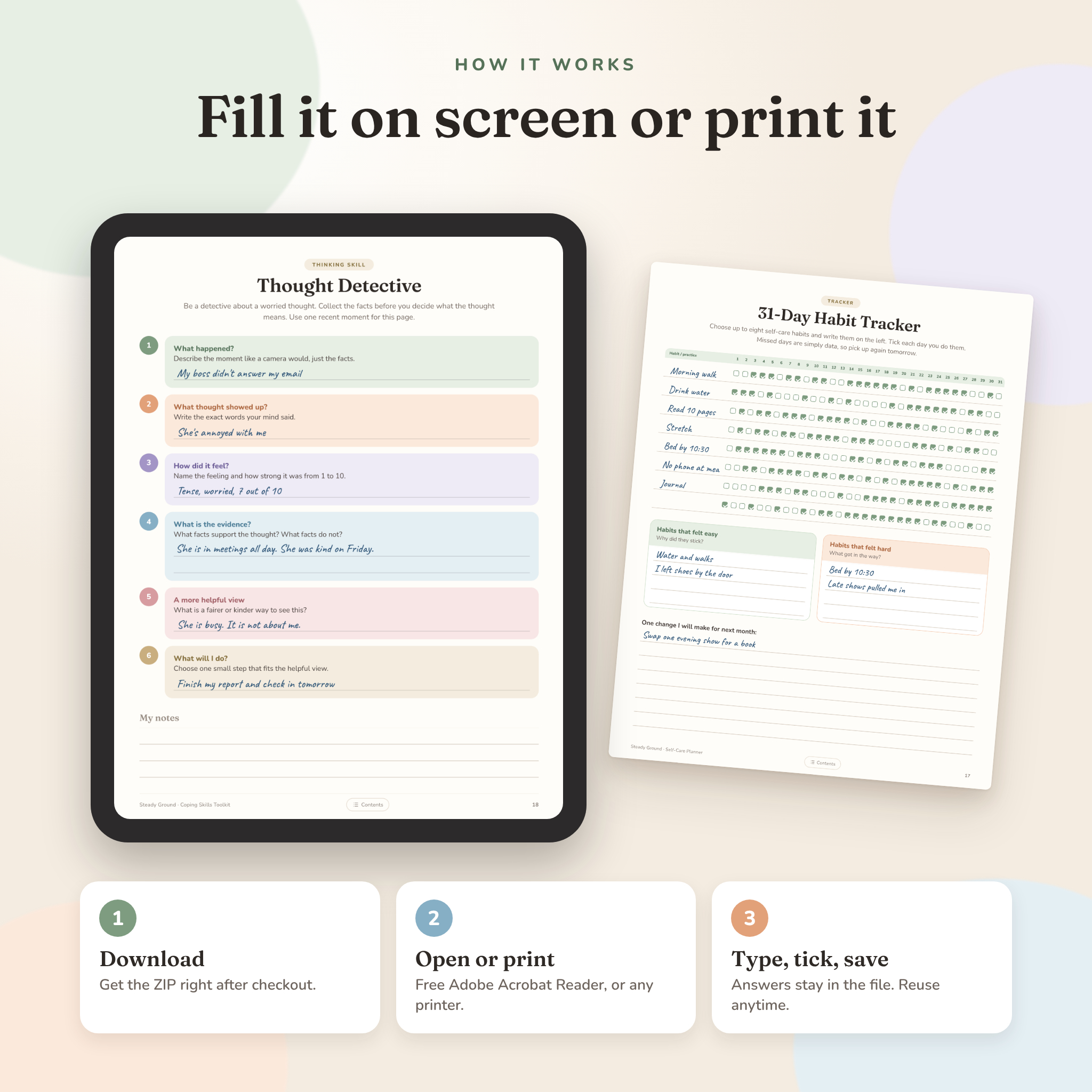 Fillable PDF ACT worksheet shown on a tablet with a habit tracker