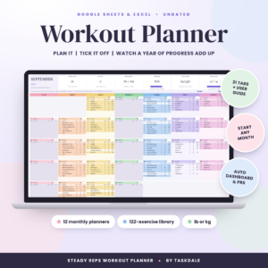 Steady Reps Workout Planner spreadsheet for Google Sheets and Excel shown on a laptop