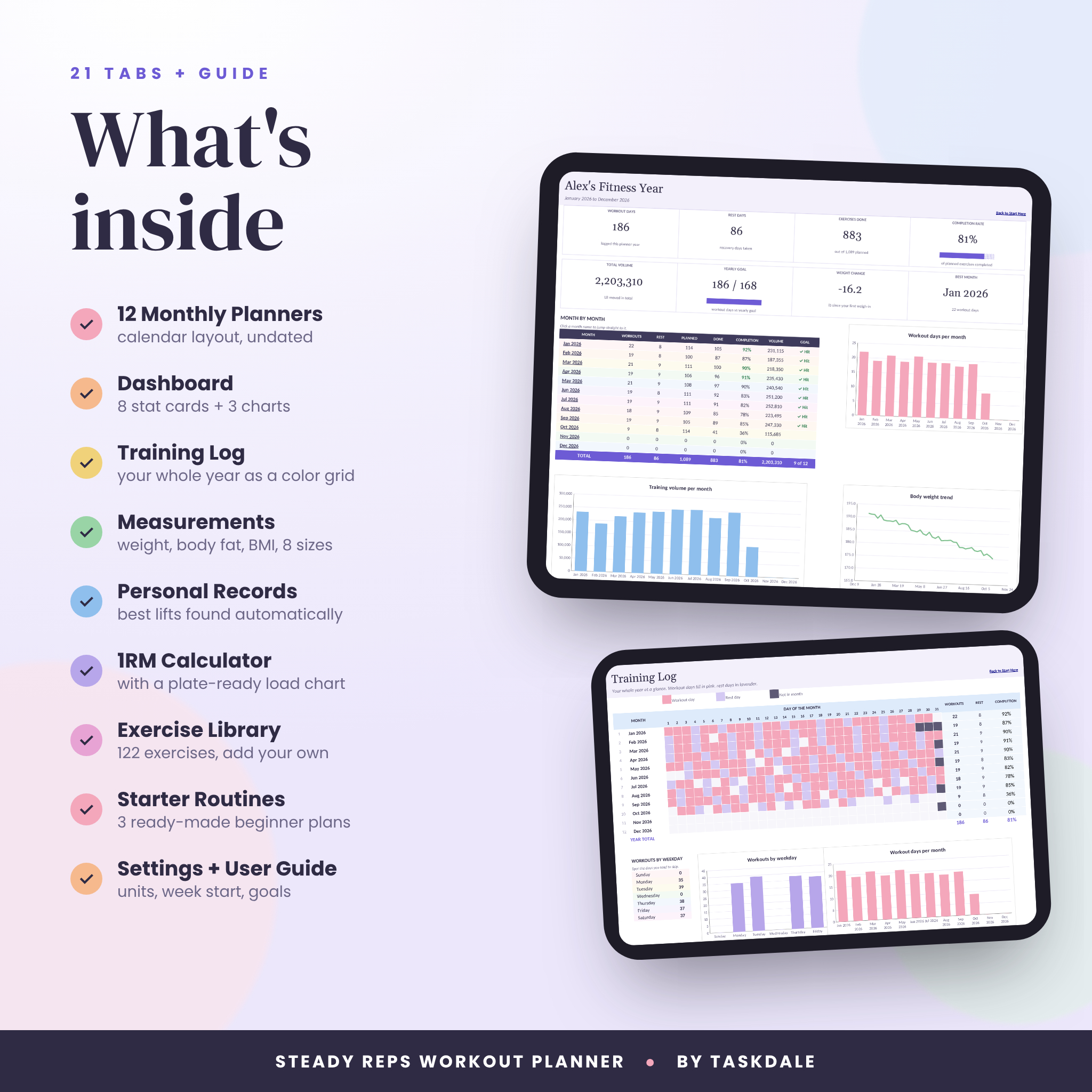 What's included in the workout planner: 12 monthly planners, dashboard, training log and more