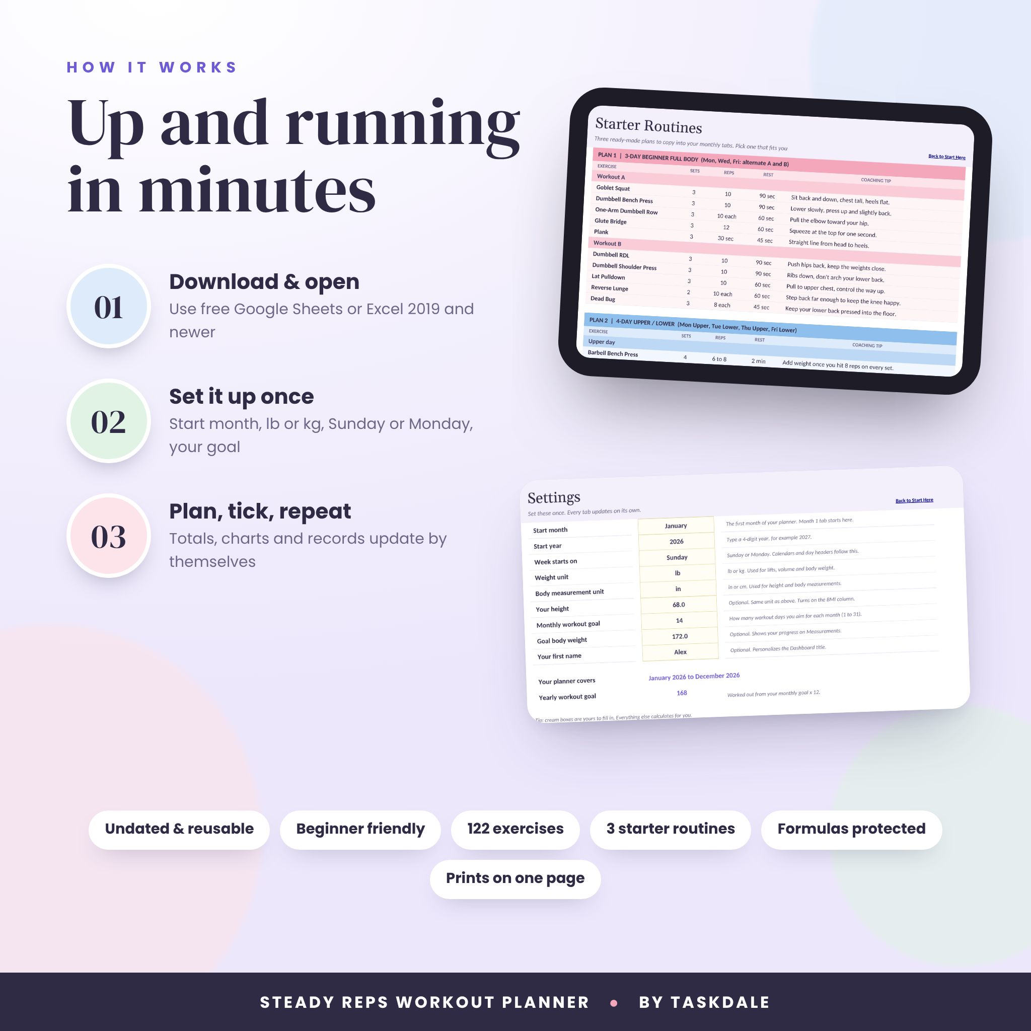 How the workout planner works in three steps, with starter routines