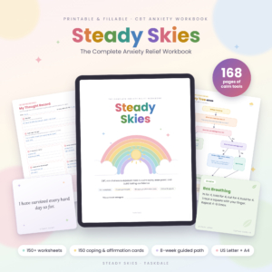 Steady Skies anxiety workbook PDF with 168 printable and fillable CBT worksheets