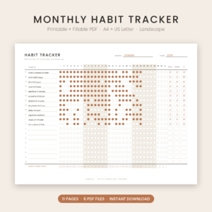 Steady Streak monthly habit tracker printable, landscape, filled-in example