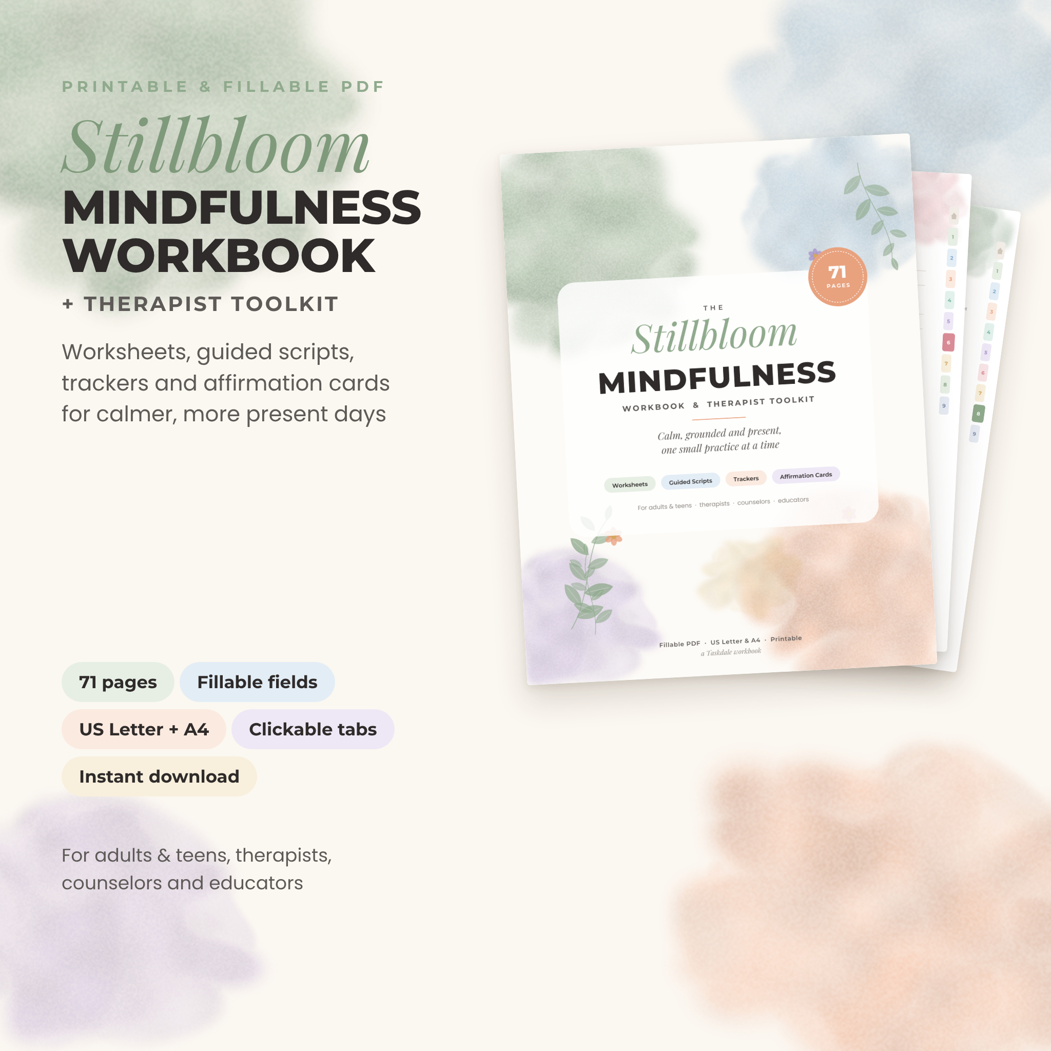 Stillbloom Mindfulness Workbook printable and fillable PDF with worksheets and therapist toolkit