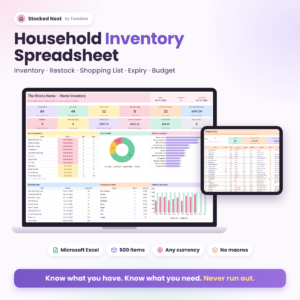 Stocked Nest household inventory spreadsheet for Excel with dashboard and shopping list