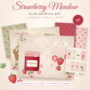 Strawberry Meadow printable junk journal kit with strawberry journal pages, papers and tags