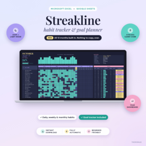 Streakline habit tracker spreadsheet for Excel and Google Sheets shown on a laptop, dark mode monthly dashboard