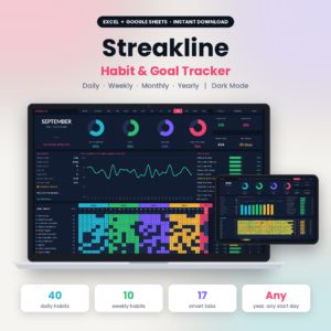 Streakline habit tracker spreadsheet dark mode for Excel and Google Sheets