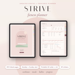 Strive digital fitness planner shown on two tablets with cover and daily workout log