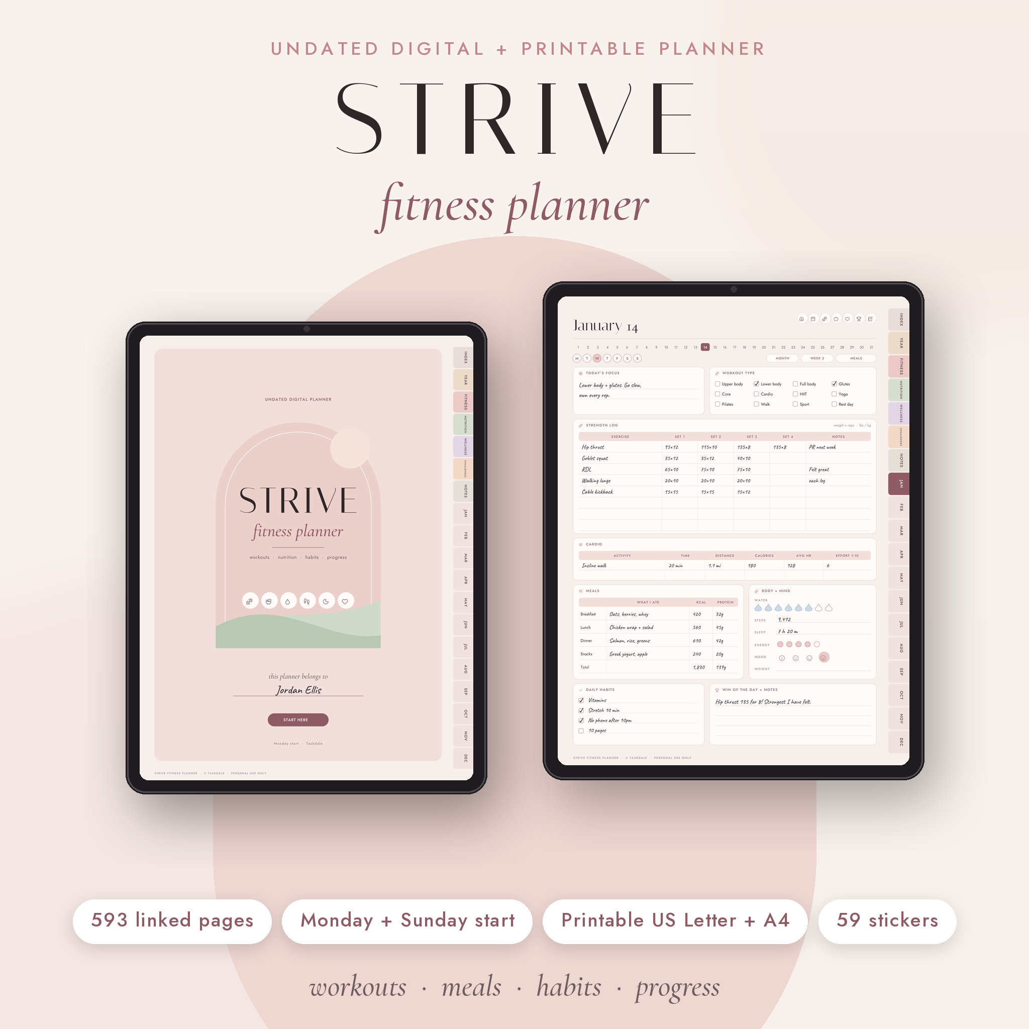 Strive digital fitness planner shown on two tablets with cover and daily workout log