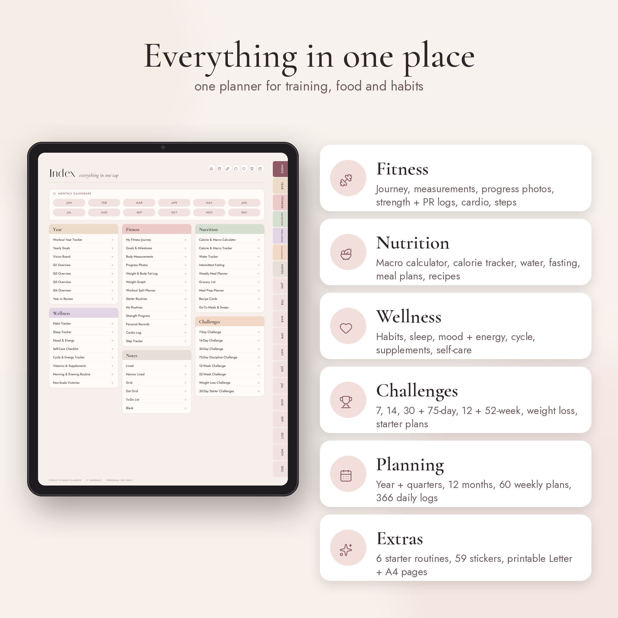 Index page of the digital fitness planner with fitness, nutrition, wellness and challenge sections
