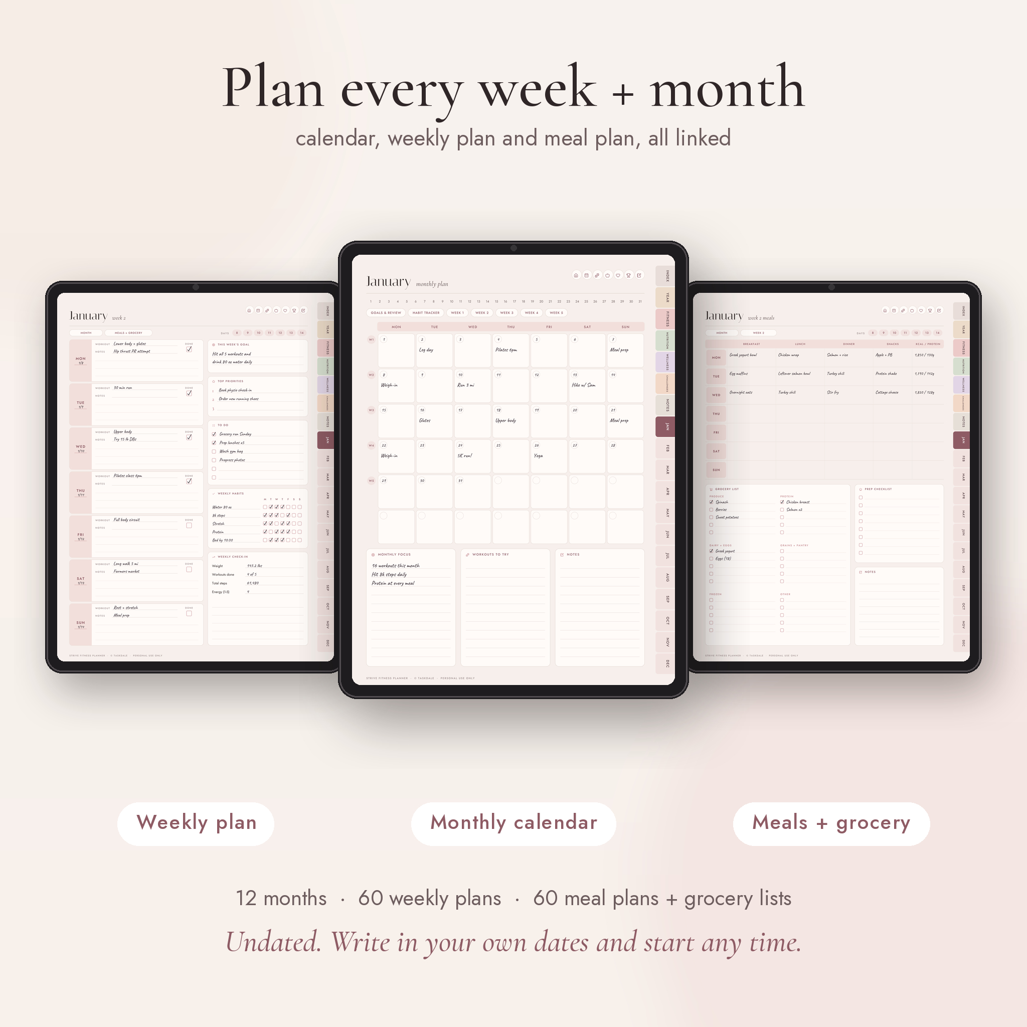 Weekly plan, monthly calendar and meal planner pages of the fitness planner