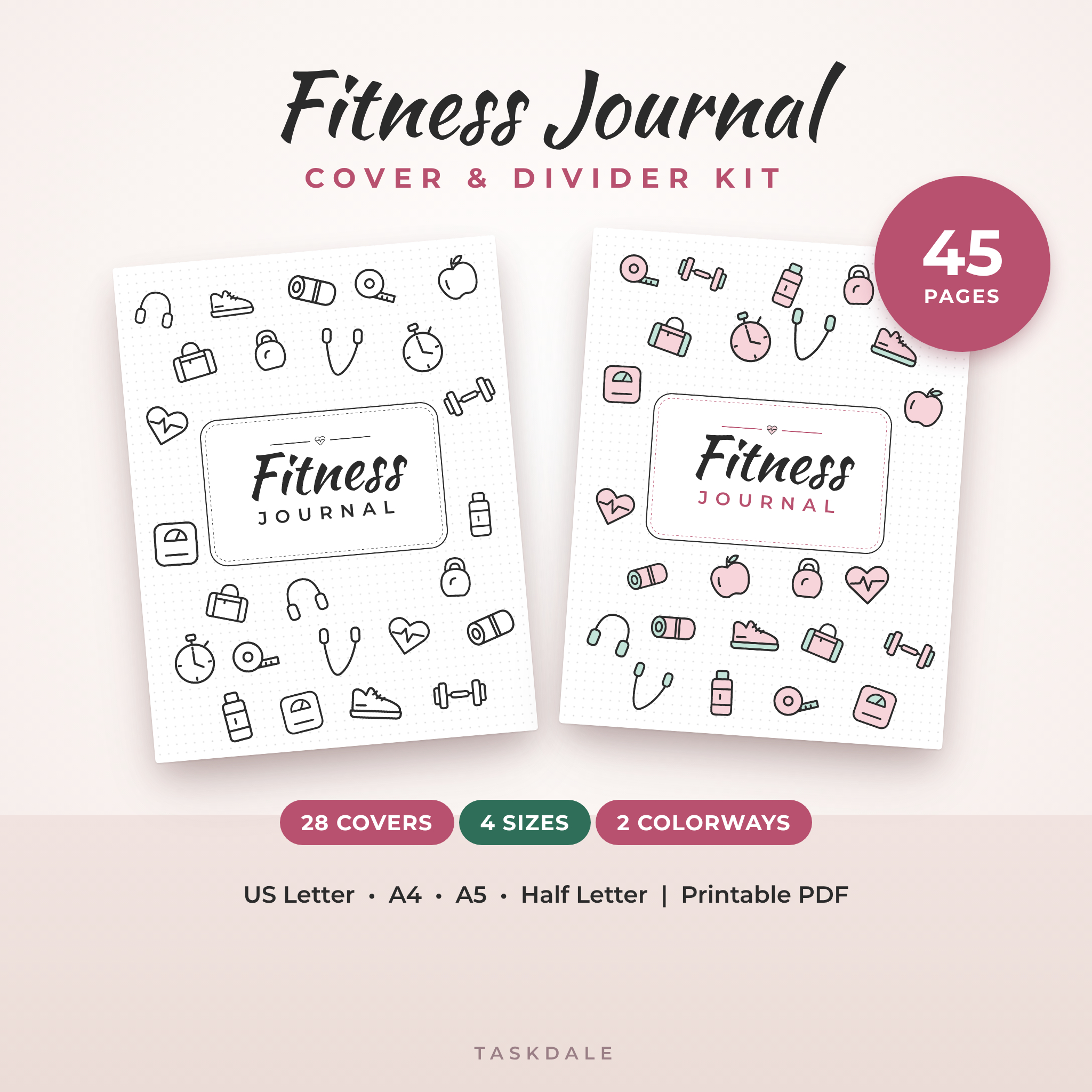 Strong Days printable fitness journal cover kit in Classic Ink and Blush & Mint
