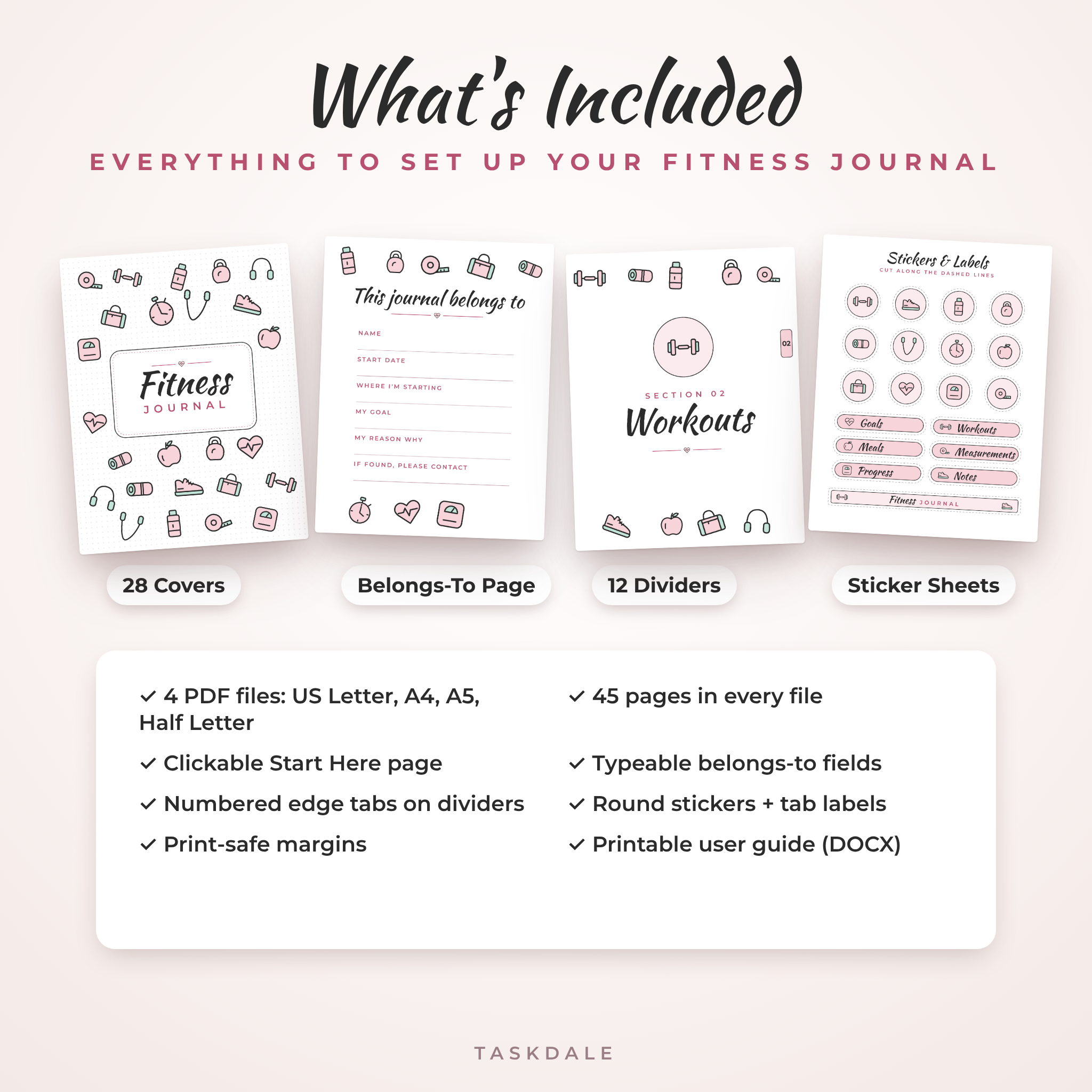 What is included: covers, belongs-to page, section dividers and sticker sheets