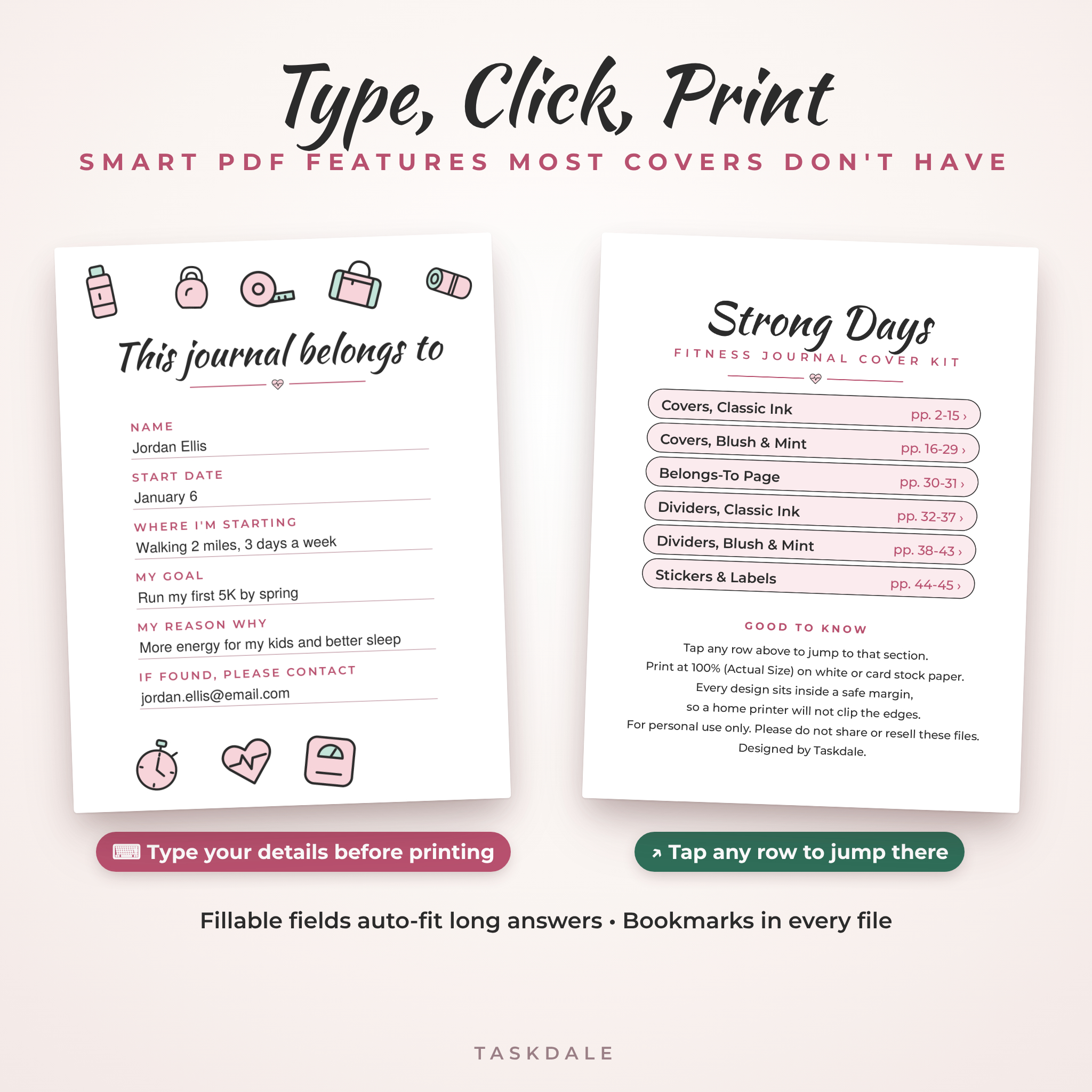 Typeable belongs-to page and clickable start here page in the fitness journal cover kit