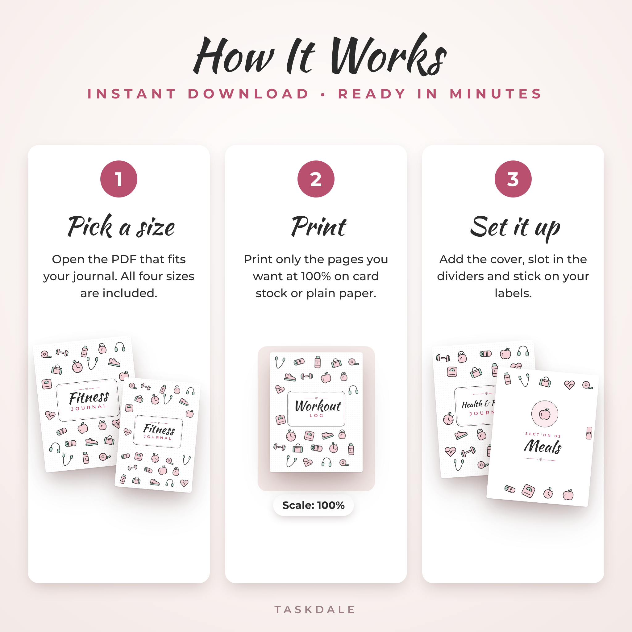 How the printable fitness journal cover kit works in three steps