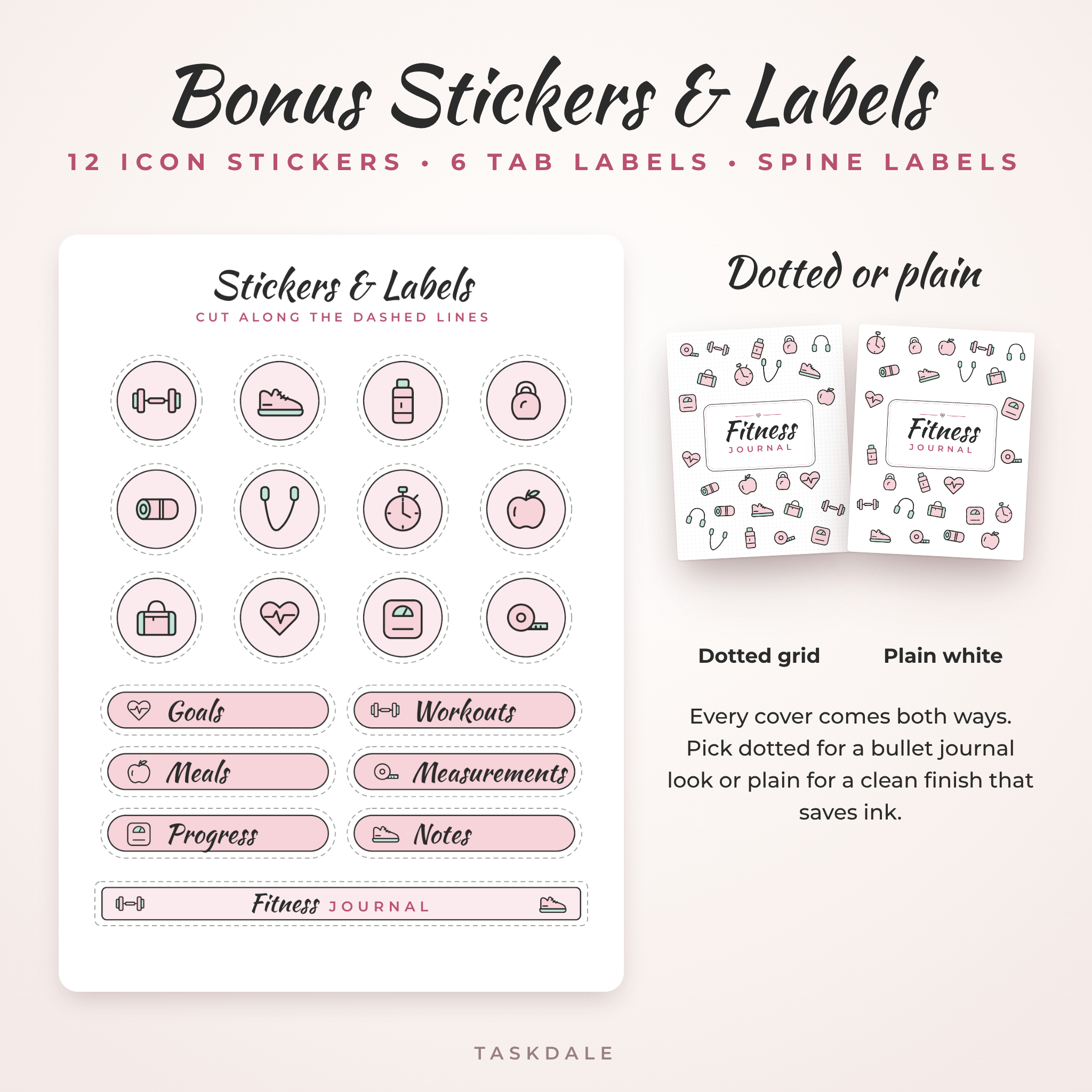 Bonus fitness sticker sheet, tab labels and dotted or plain cover options