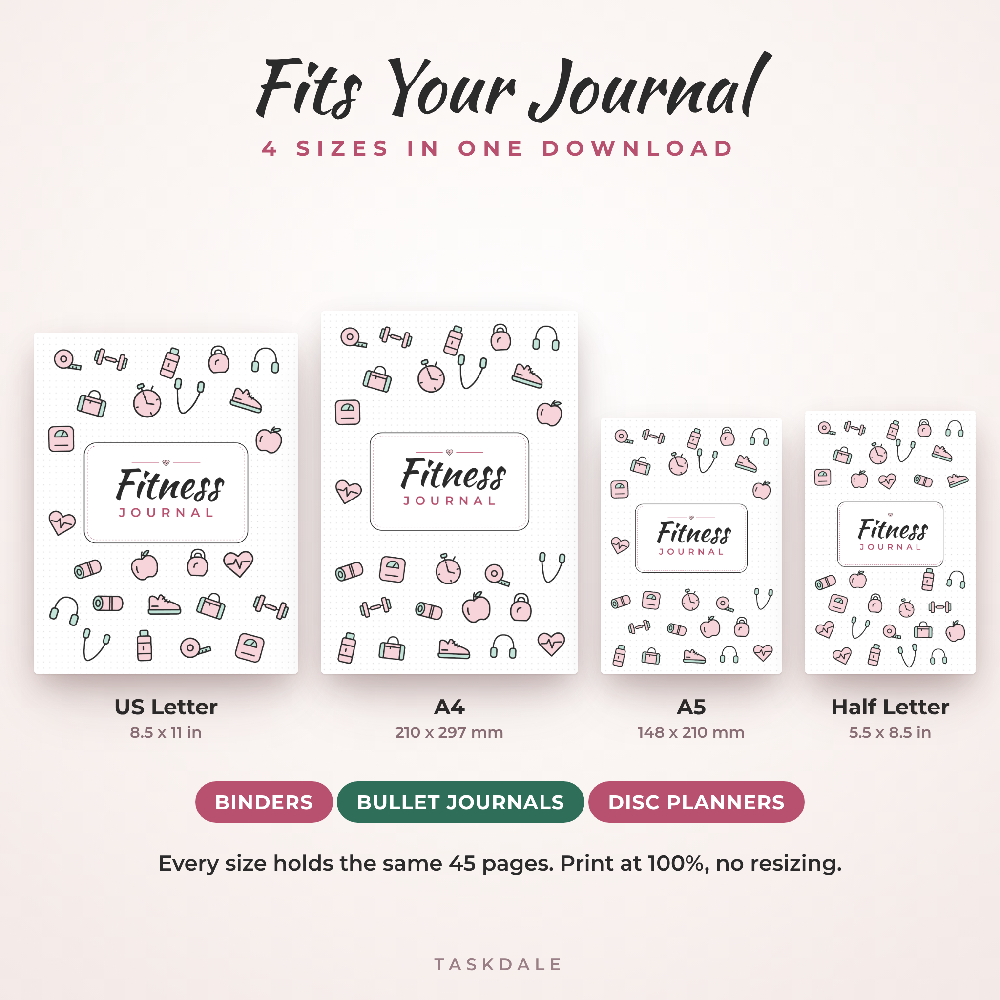Fitness journal covers in US Letter, A4, A5 and Half Letter sizes