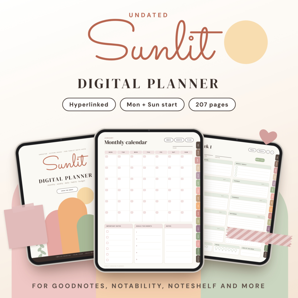 Sunlit undated digital planner shown on tablets, hyperlinked PDF with 138 stickers