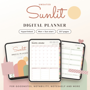Sunlit undated digital planner shown on tablets, hyperlinked PDF with 138 stickers