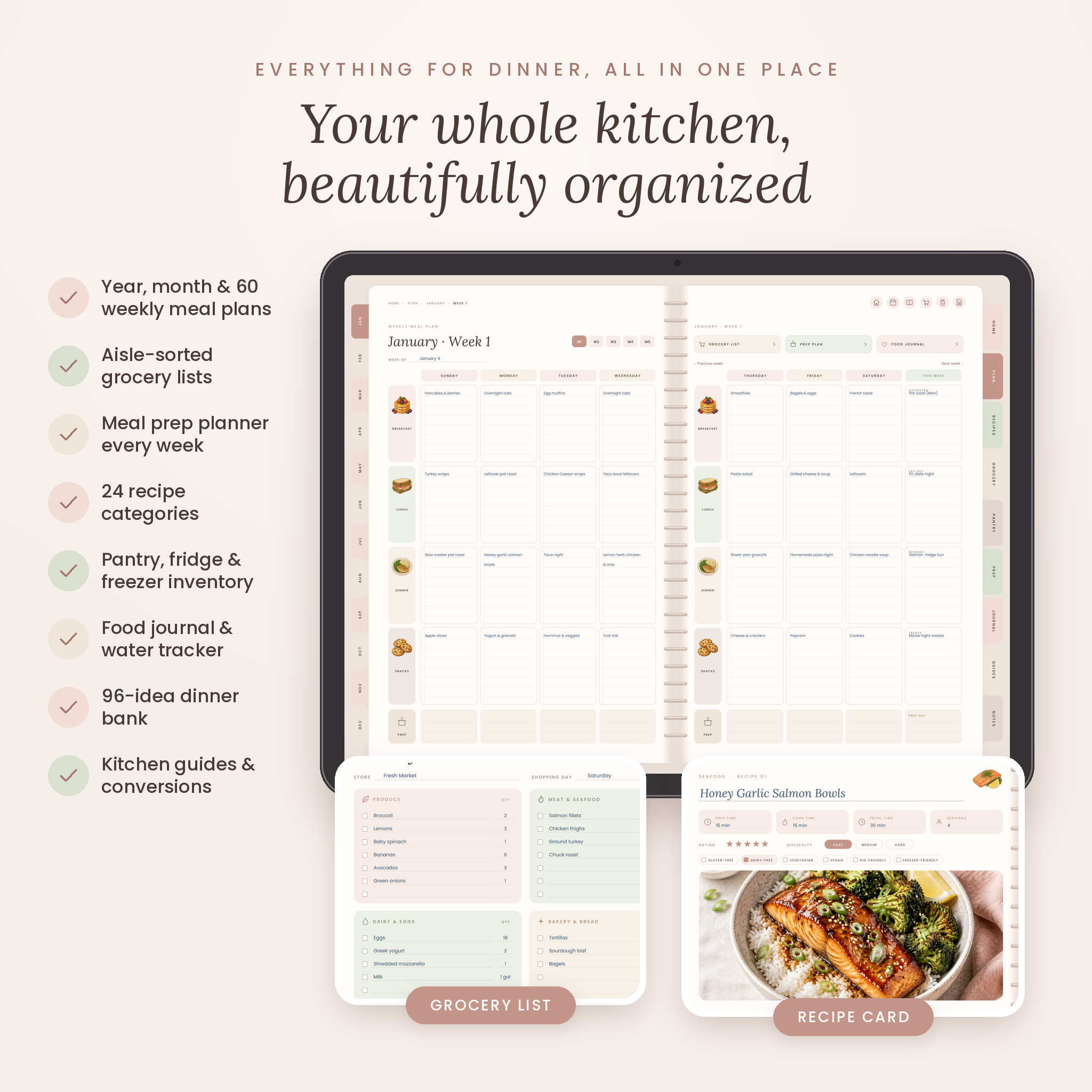 Supperwell weekly meal plan, grocery list and recipe card features