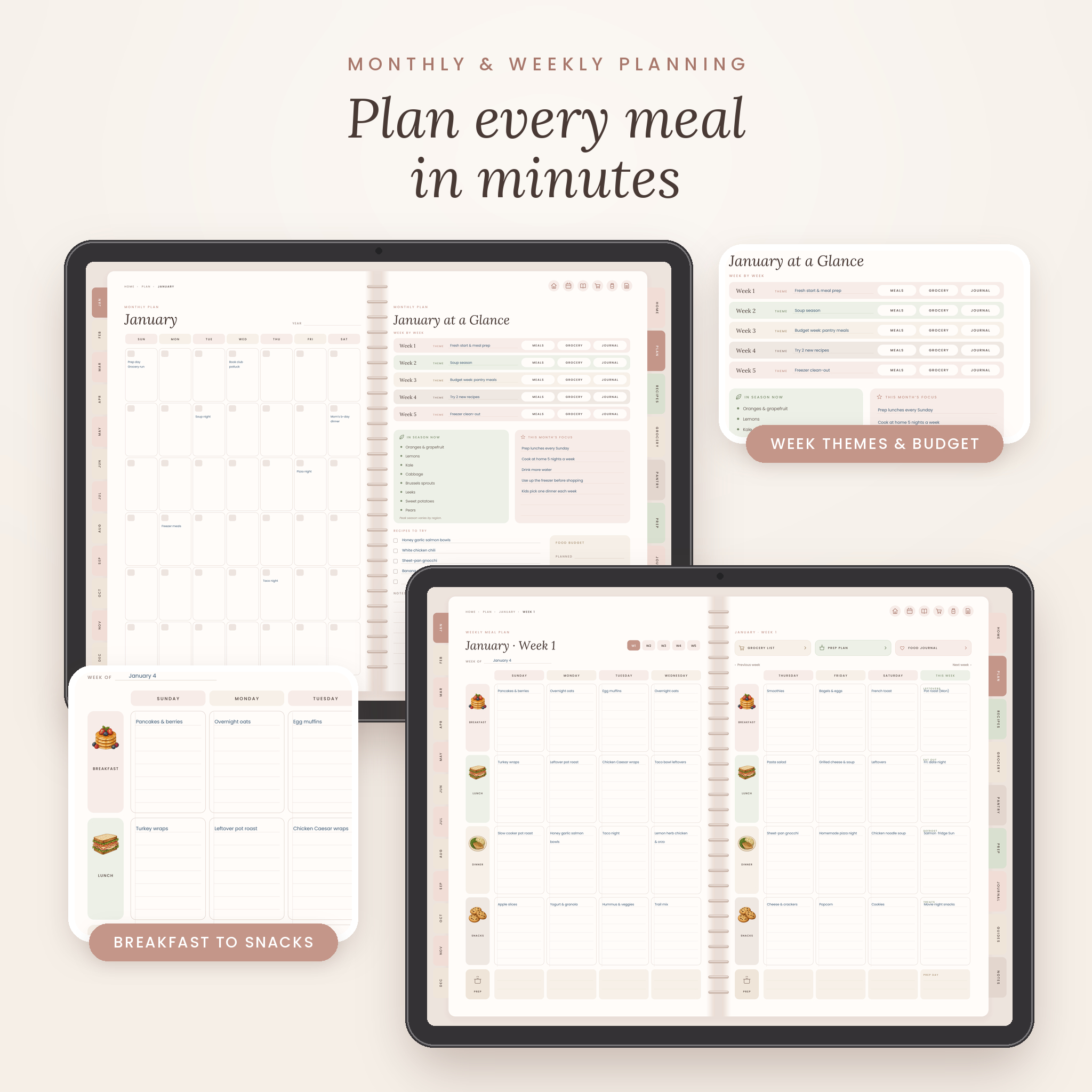 Monthly and weekly meal planning pages in Supperwell