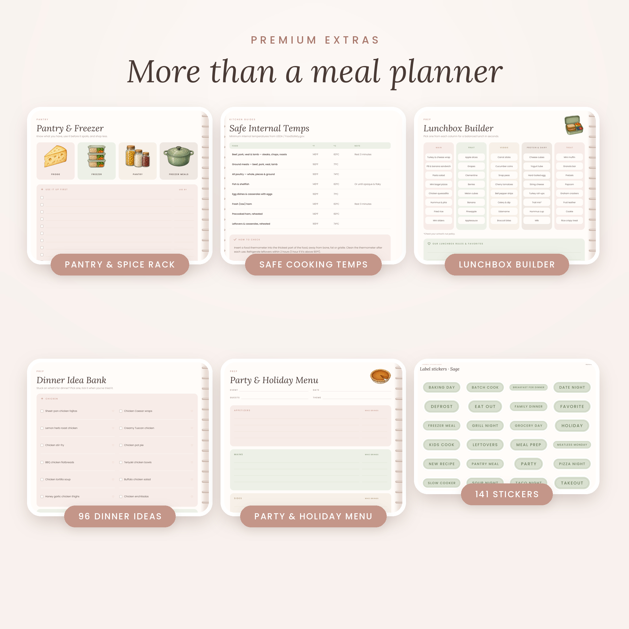 Supperwell extras: pantry inventory, cooking temperatures, lunchbox builder, stickers