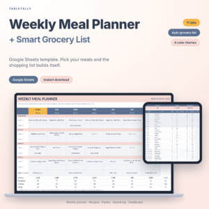 Weekly meal planner and grocery list for Google Sheets shown on a laptop and tablet