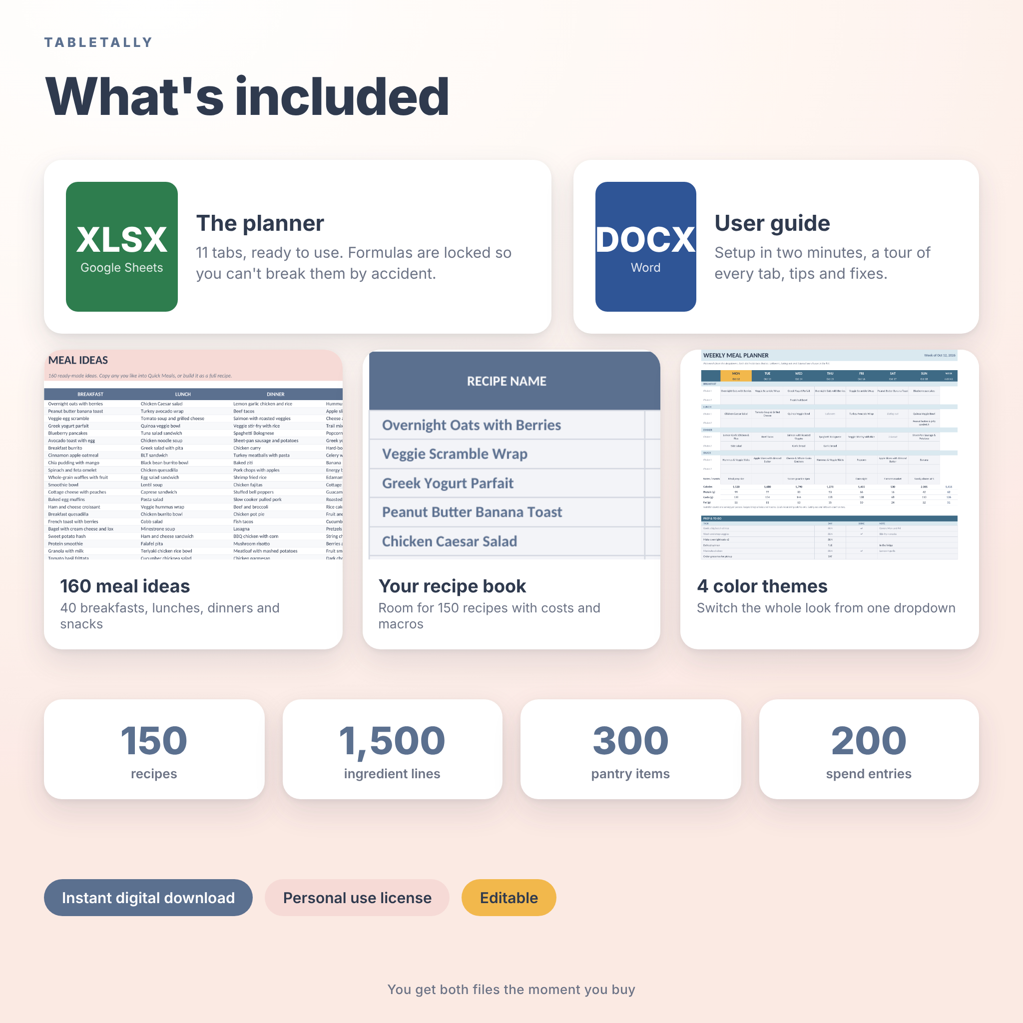 What is included: planner spreadsheet, user guide, 160 meal ideas and four color themes