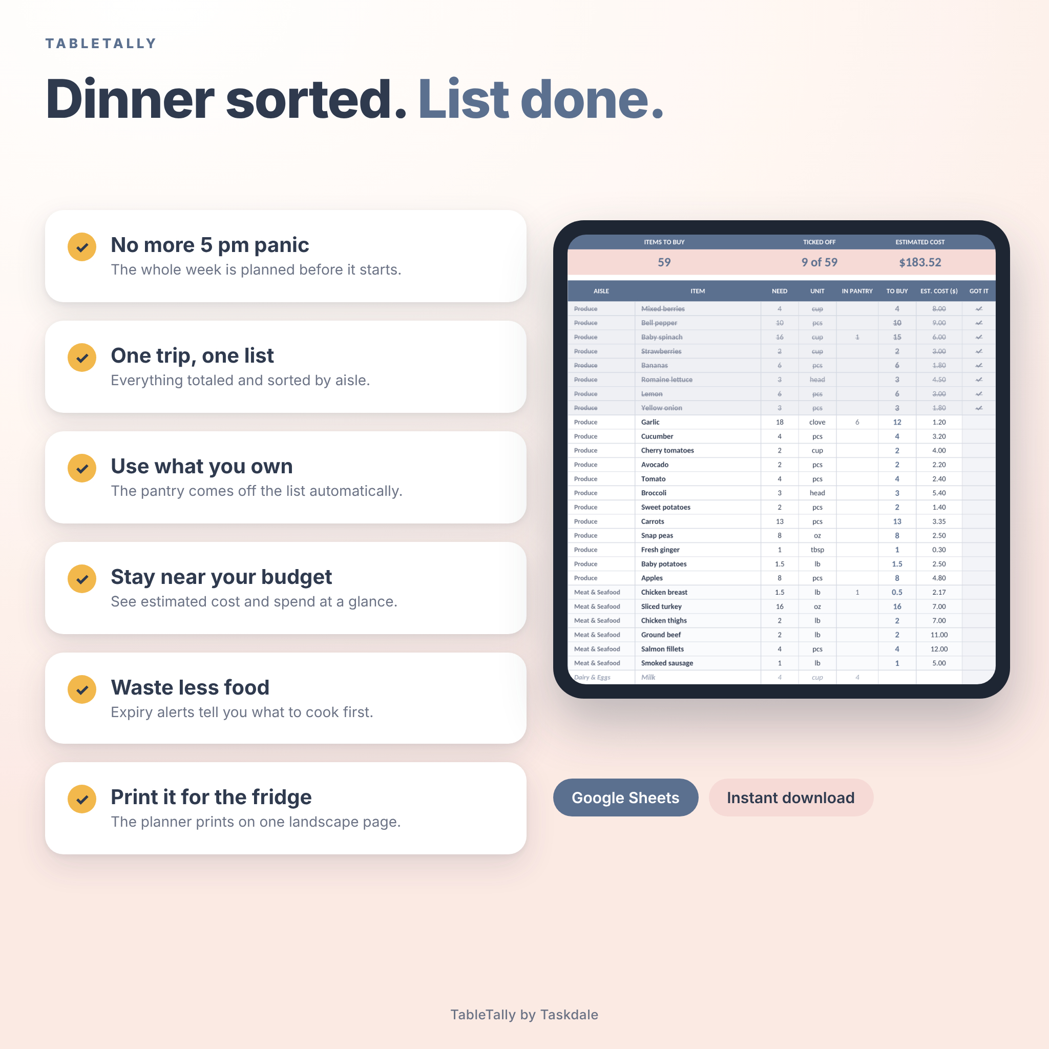 Benefits of the weekly meal planner: one grocery list, less food waste, stay on budget