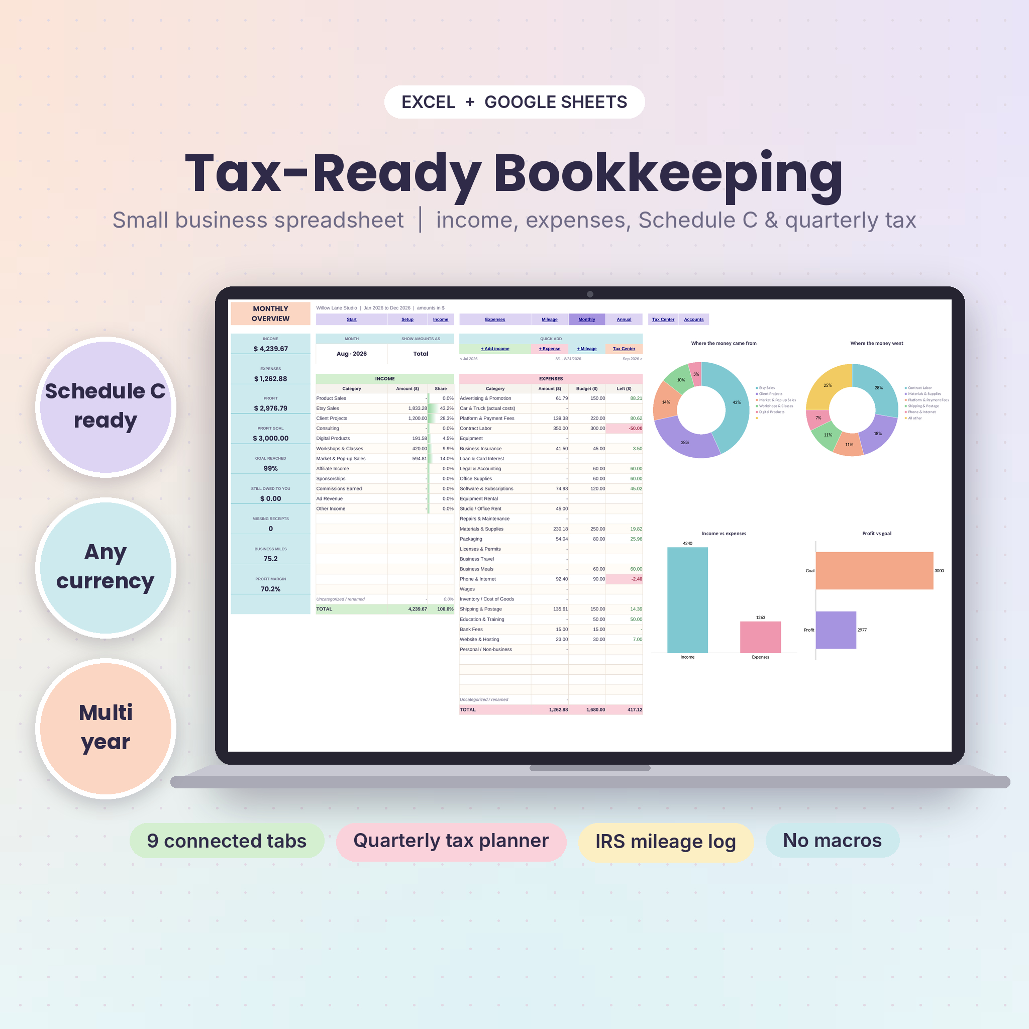 TallyBloom tax-ready bookkeeping spreadsheet for Excel and Google Sheets, image 01