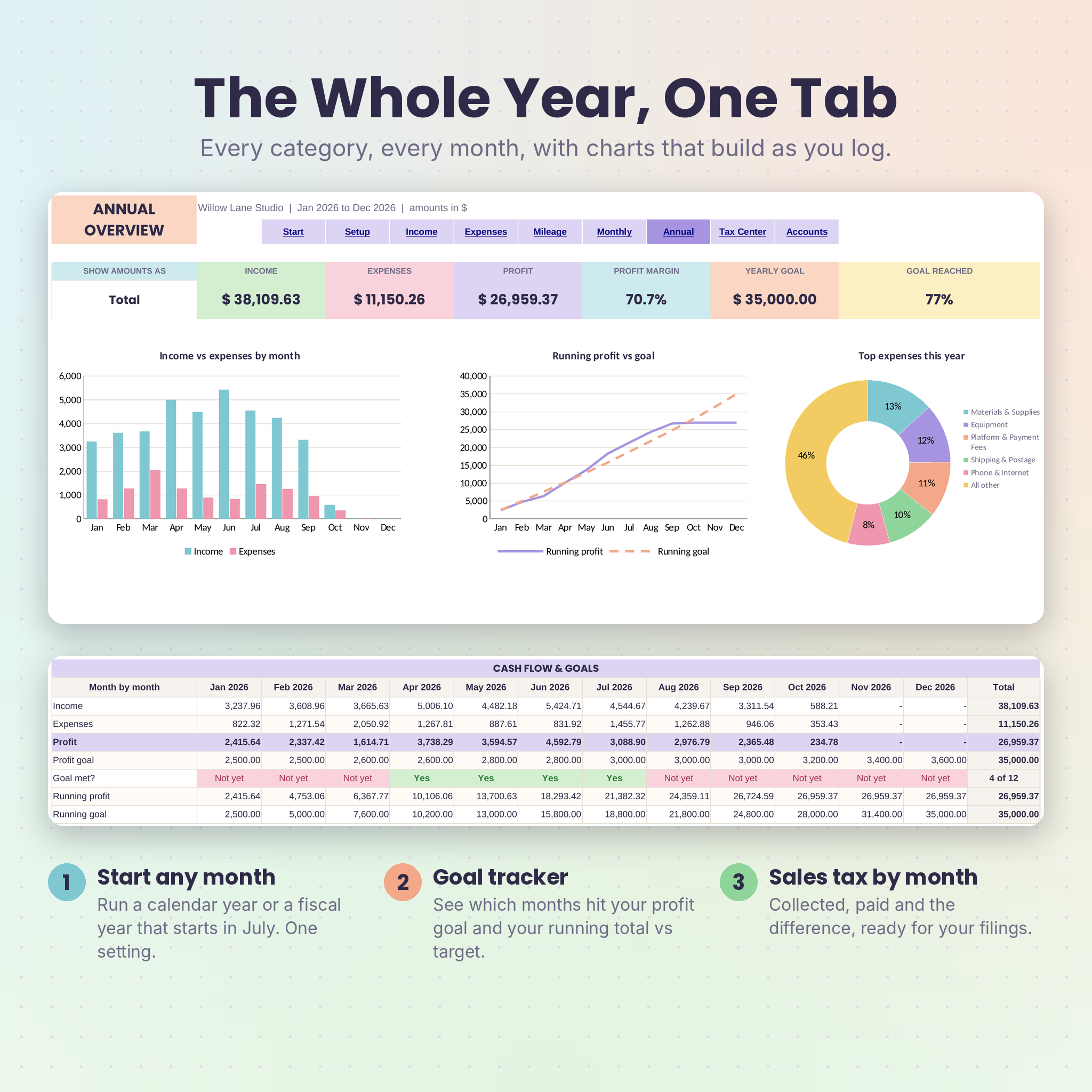 TallyBloom tax-ready bookkeeping spreadsheet for Excel and Google Sheets, image 03