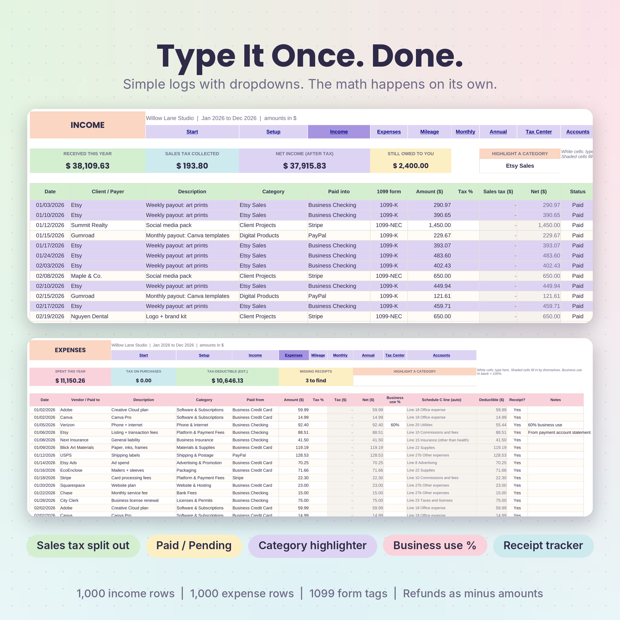 TallyBloom tax-ready bookkeeping spreadsheet for Excel and Google Sheets, image 05