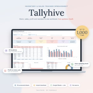Tallyhive inventory tracker spreadsheet dashboard on a laptop