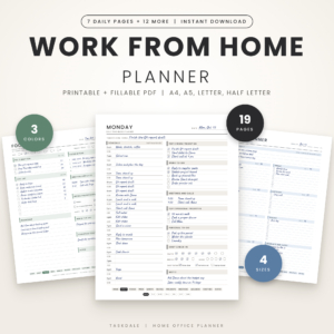 Work From Home Planner by Taskdale, printable and fillable PDF daily schedule pages on a desk