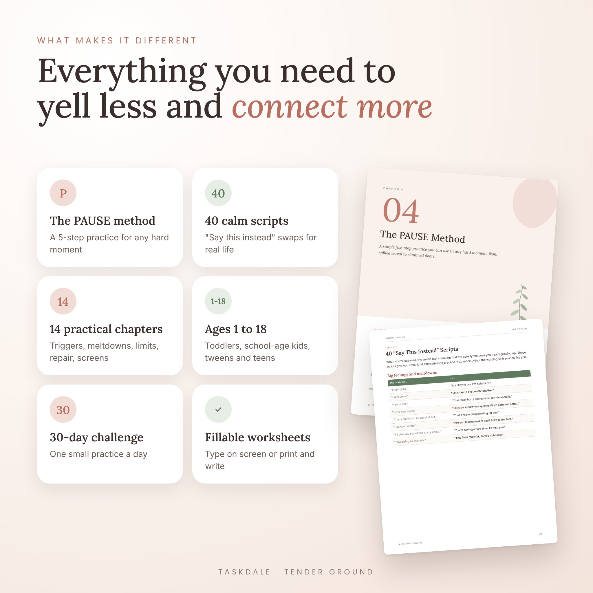 Mindful parenting guide features: PAUSE method, 40 calm scripts, 30-day challenge