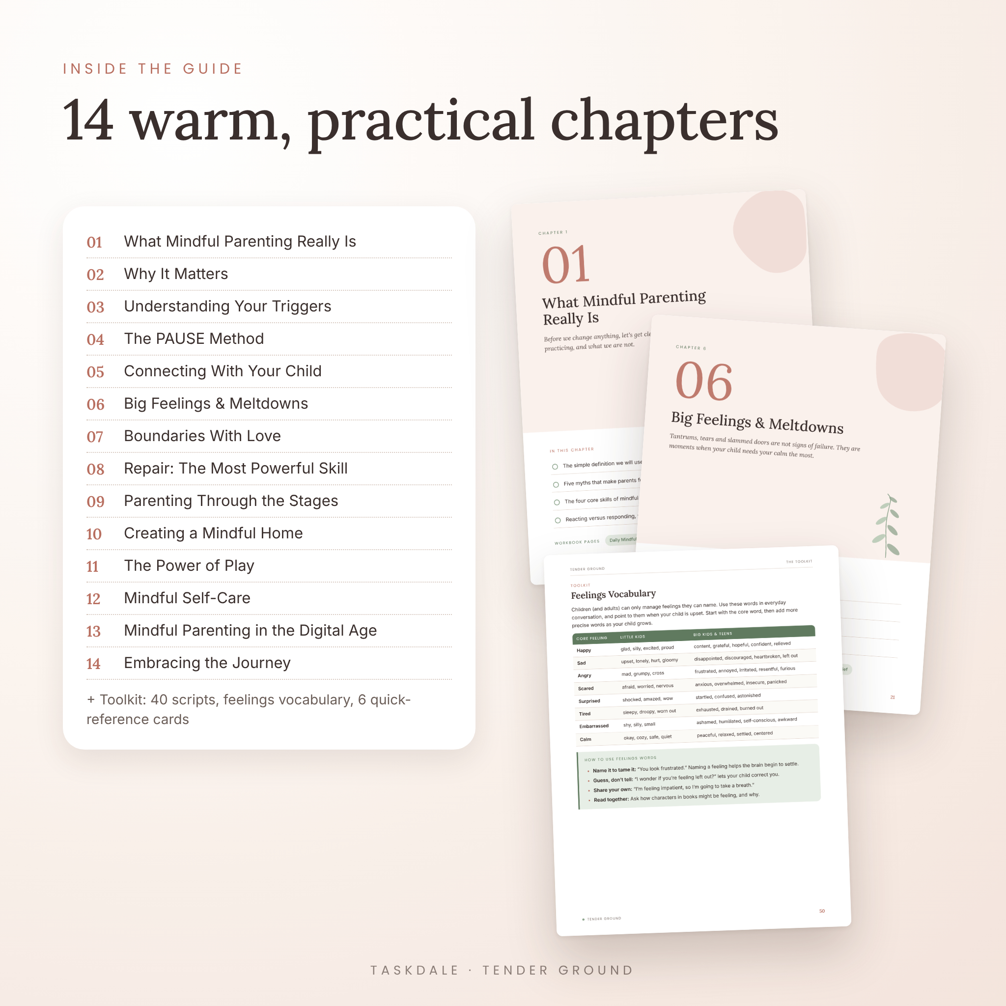 Inside the mindful parenting guide: 14 chapter list and sample pages