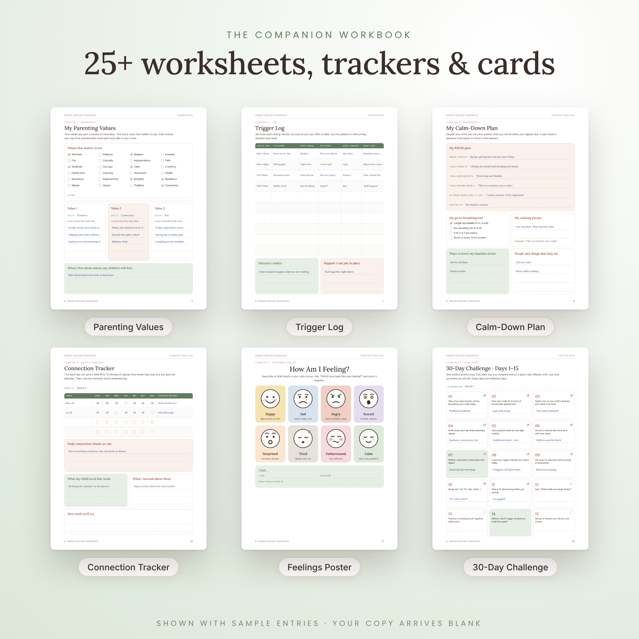 Gentle parenting workbook pages: values, trigger log, calm-down plan, trackers