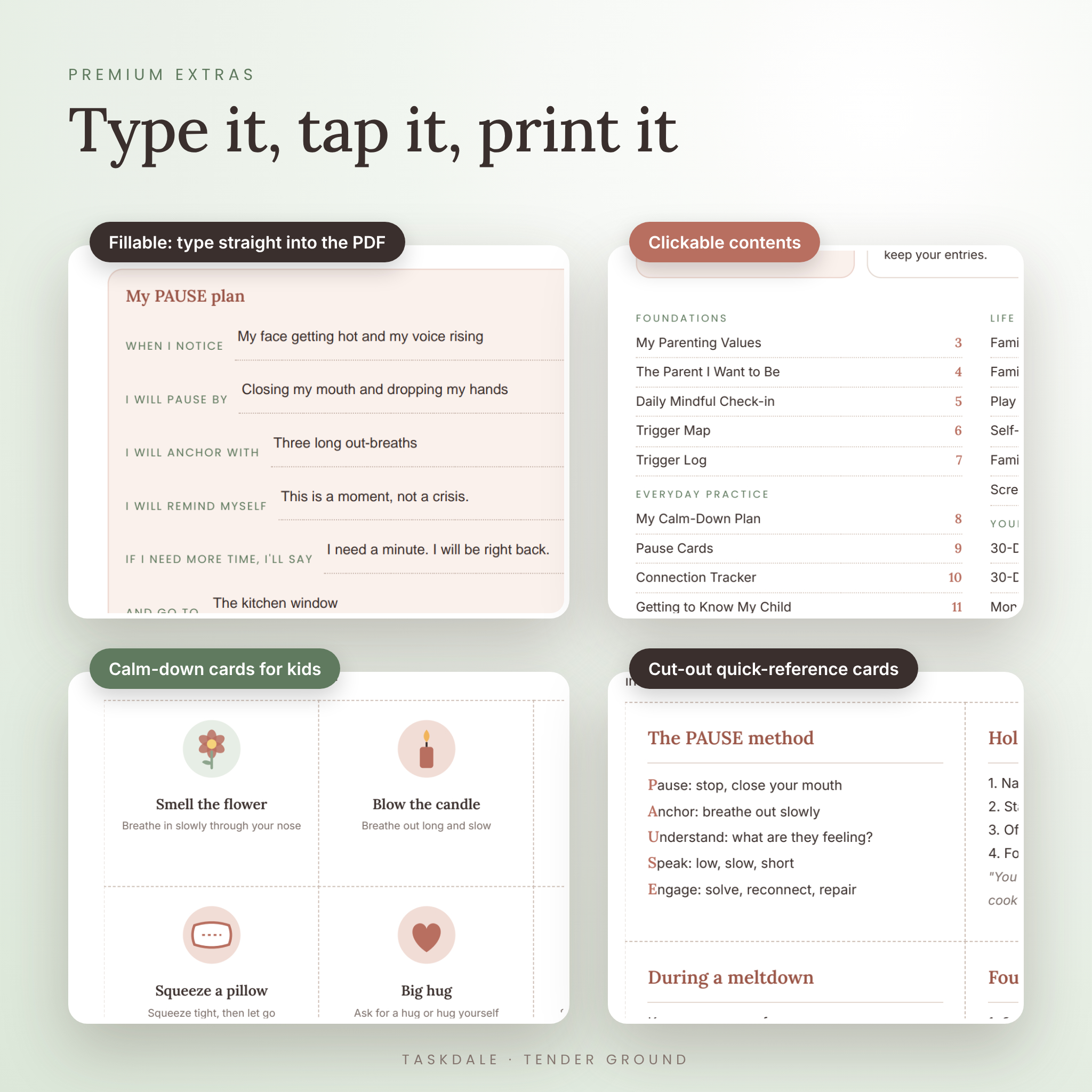 Fillable PDF worksheets, clickable contents and printable calm-down cards