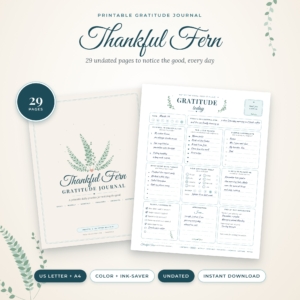 Thankful Fern printable gratitude journal pages in teal and sage botanical design
