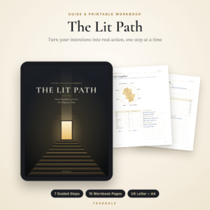 The Lit Path goal setting workbook and guide shown on a tablet with printable pages
