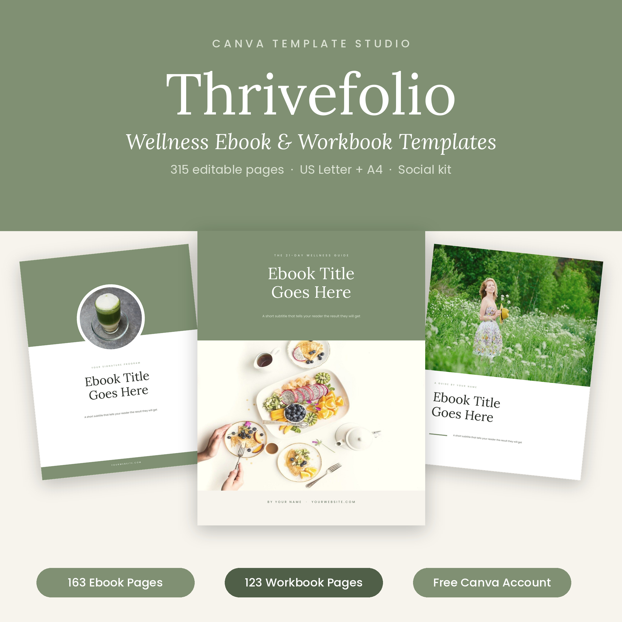 Thrivefolio wellness ebook and workbook Canva templates cover overview