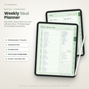 Thymewise digital meal planner on iPad with weekly meal plan and grocery list